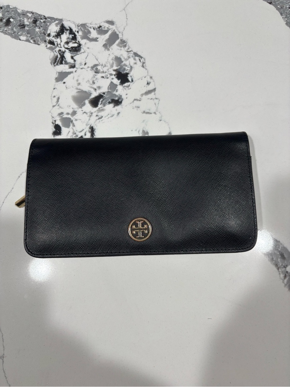 Tory Burch Black Leather Zip Continental Wallet with Gold Logo